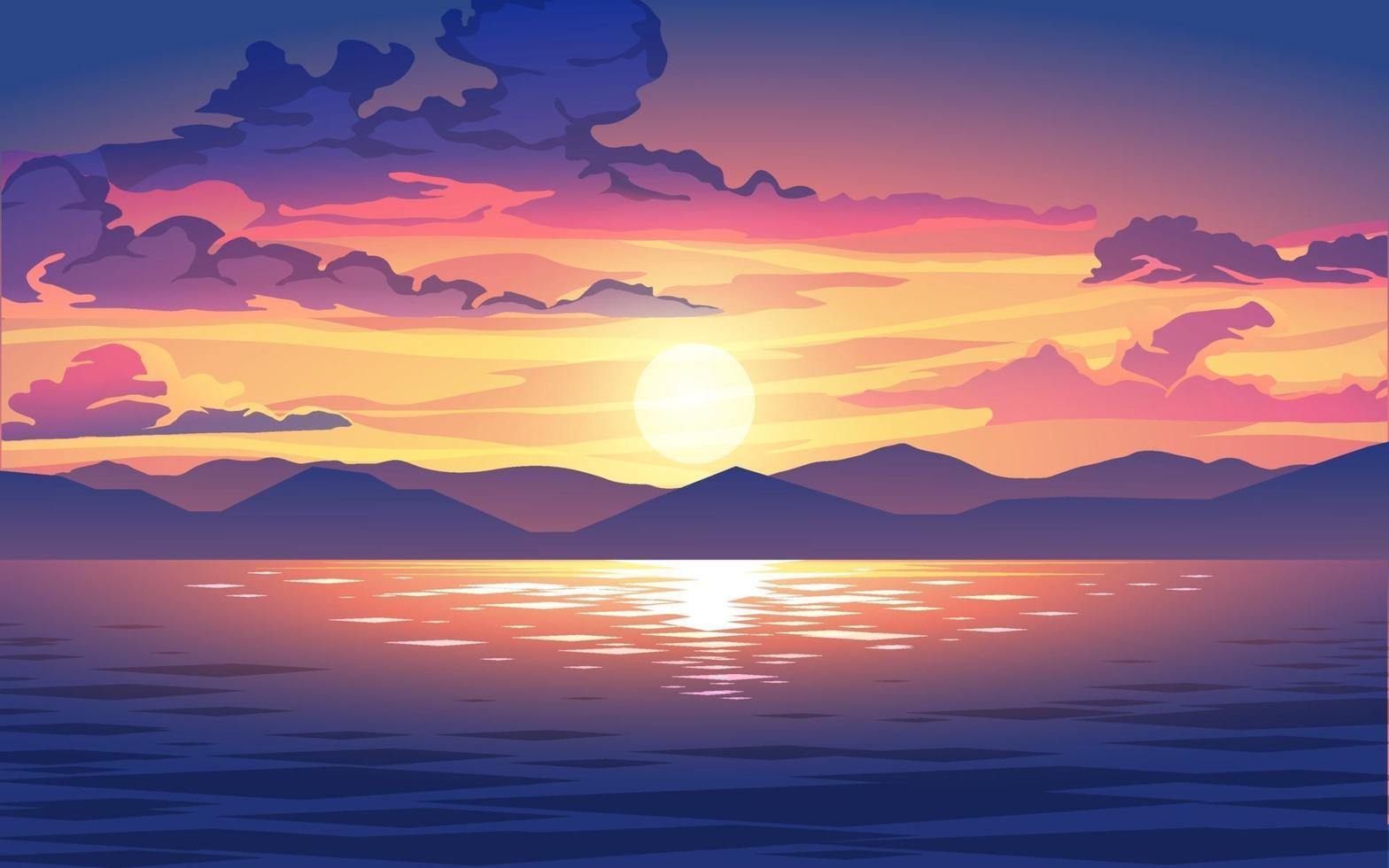 vector zonsondergang of zonsopgang in de oceaan met wolken