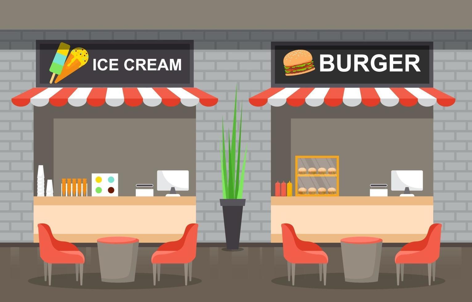 food court-interieur met ijs en hamburgerrestaurants met lege tafels en stoelen vector