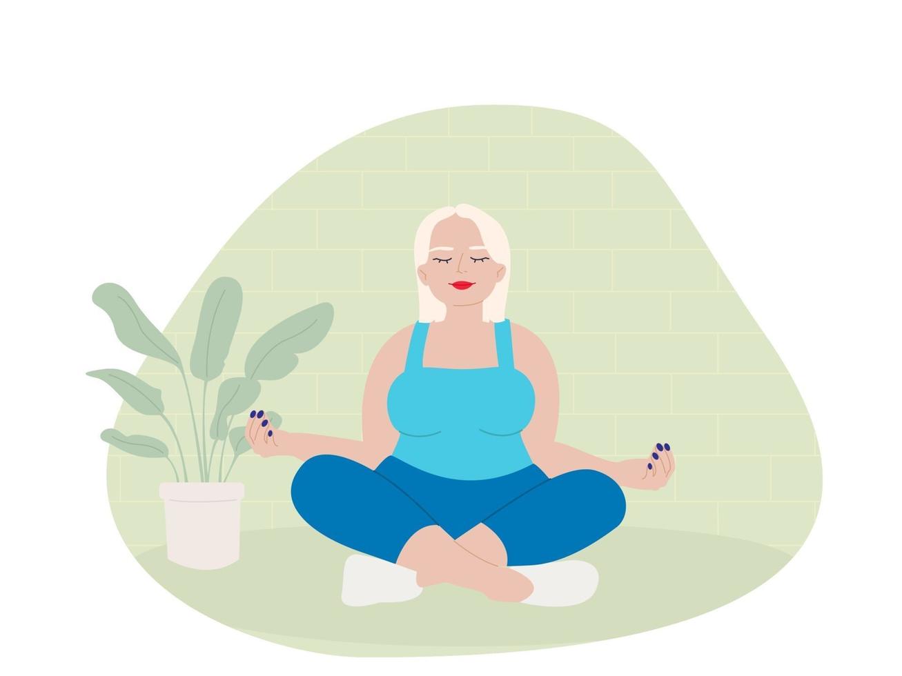 plus size jonge vrouwen doen thuis yoga, fitness. gelukkig mooi dik blond meisje in meditatie en evenwichtshouding. illustratie geïsoleerd op een witte achtergrond. ik hou van mijn lichaam. vector