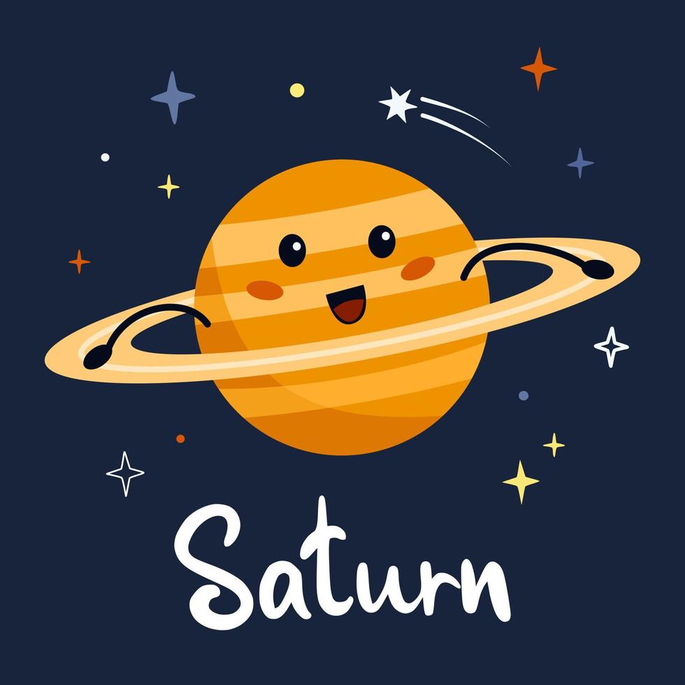 schattig tekenfilm planeet karakter Saturnus met grappig gezicht. poster zonne- systeem voor kinderen. vector illustratie