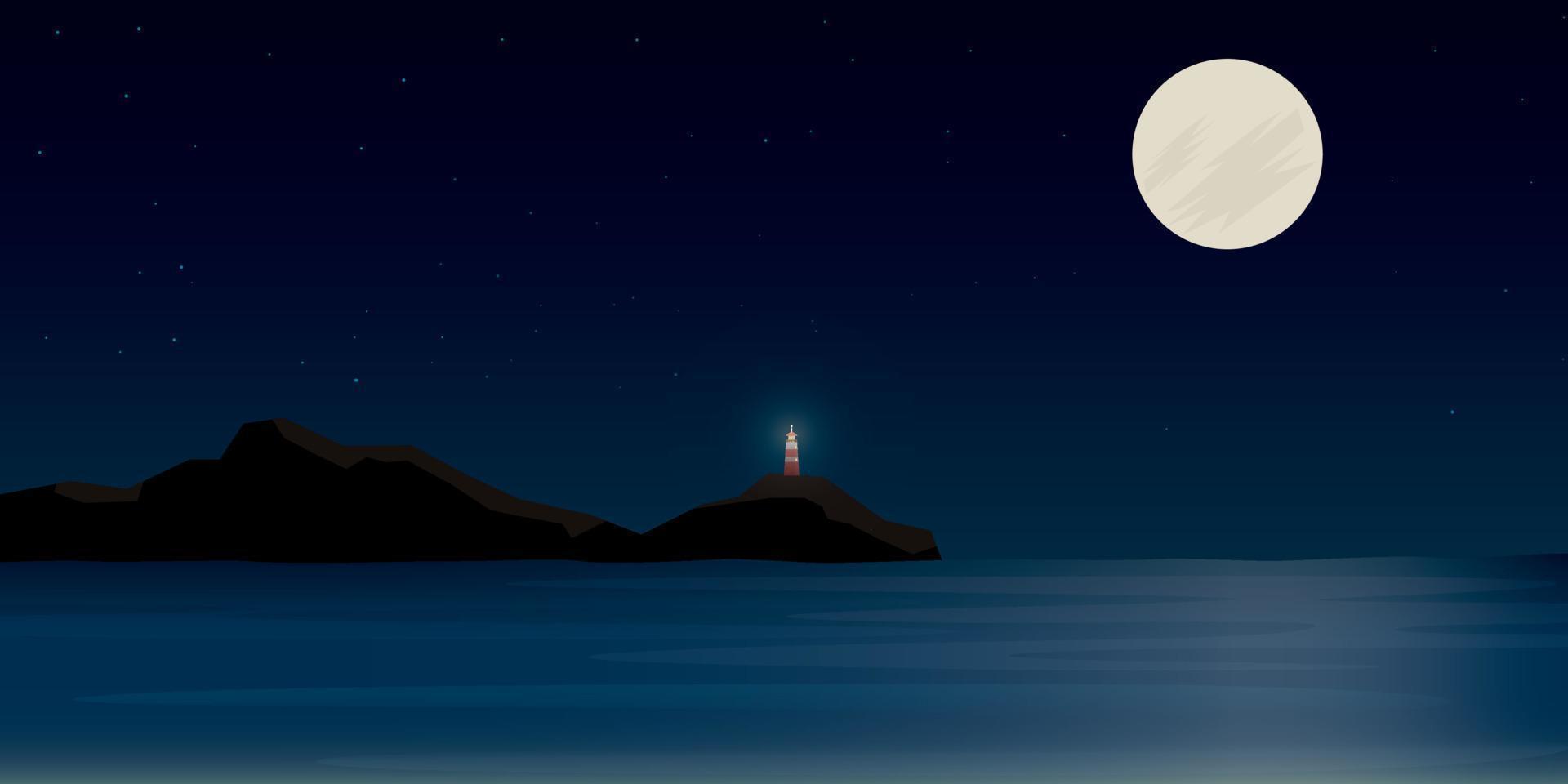 zeegezicht in vol maan nacht hebben vuurtoren Aan rots klif vlak illustratie. eiland faros, licht huis, zeegezicht, signaal gebouw Aan kust en vol maan met sterren Aan de lucht Bij nacht. vector