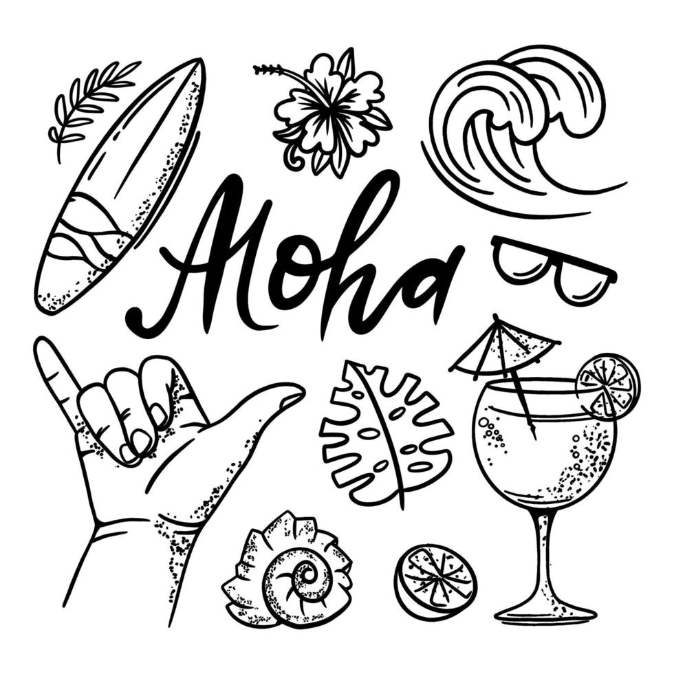 surfing aloha zee reizen hand- getrokken vector illustratie reeks