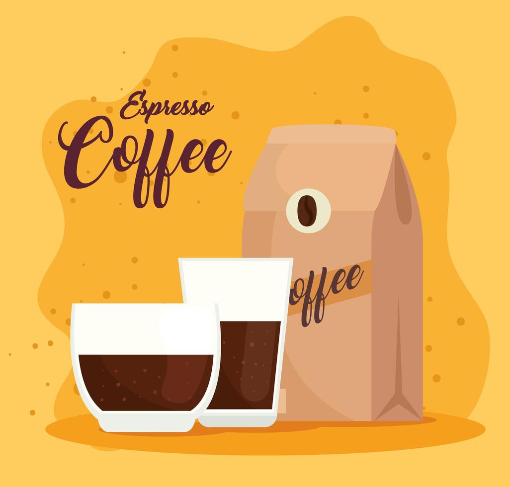 espresso met kopjes en koffiepakket vector