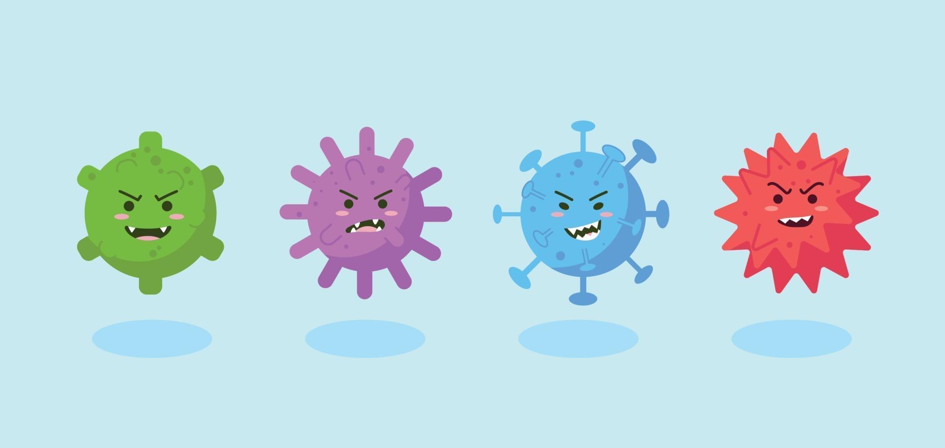verzameling schattig virus- of coronavirus-teken in vlakke stijl. wereld coronavirus en covid-19 uitbraak en pandemie-aanval concept. vector