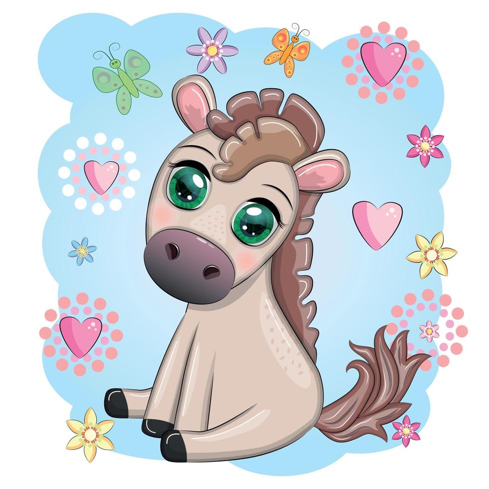 schattig tekenfilm paard, pony voor kaart met bloemen, ballonnen, hart vector