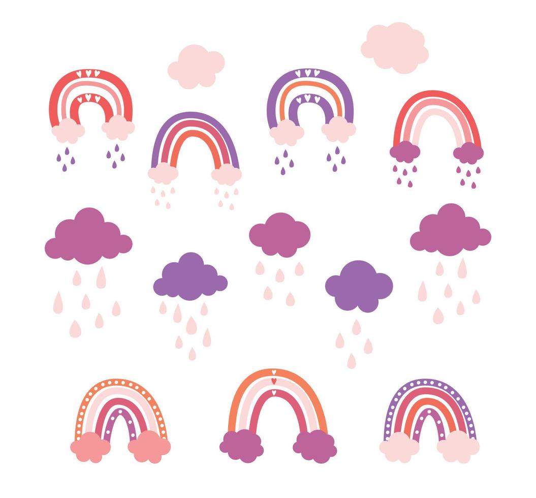 schattig vector pastel regenboog reeks met wolken en druppels en harten