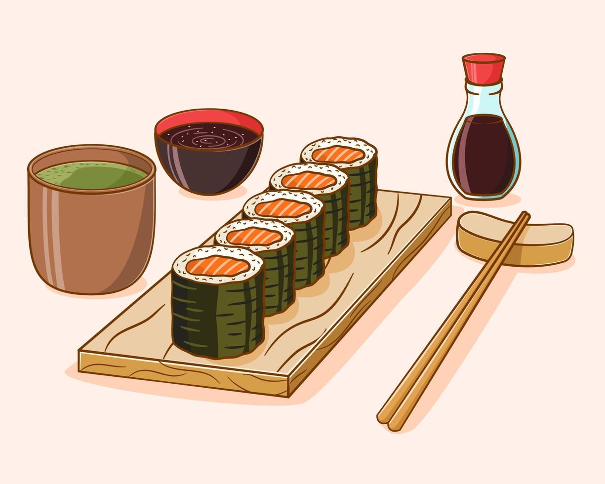 hand- getrokken sushi tekenfilm illustratie vector