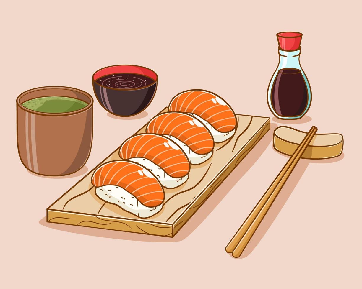 hand- getrokken sushi tekenfilm illustratie vector