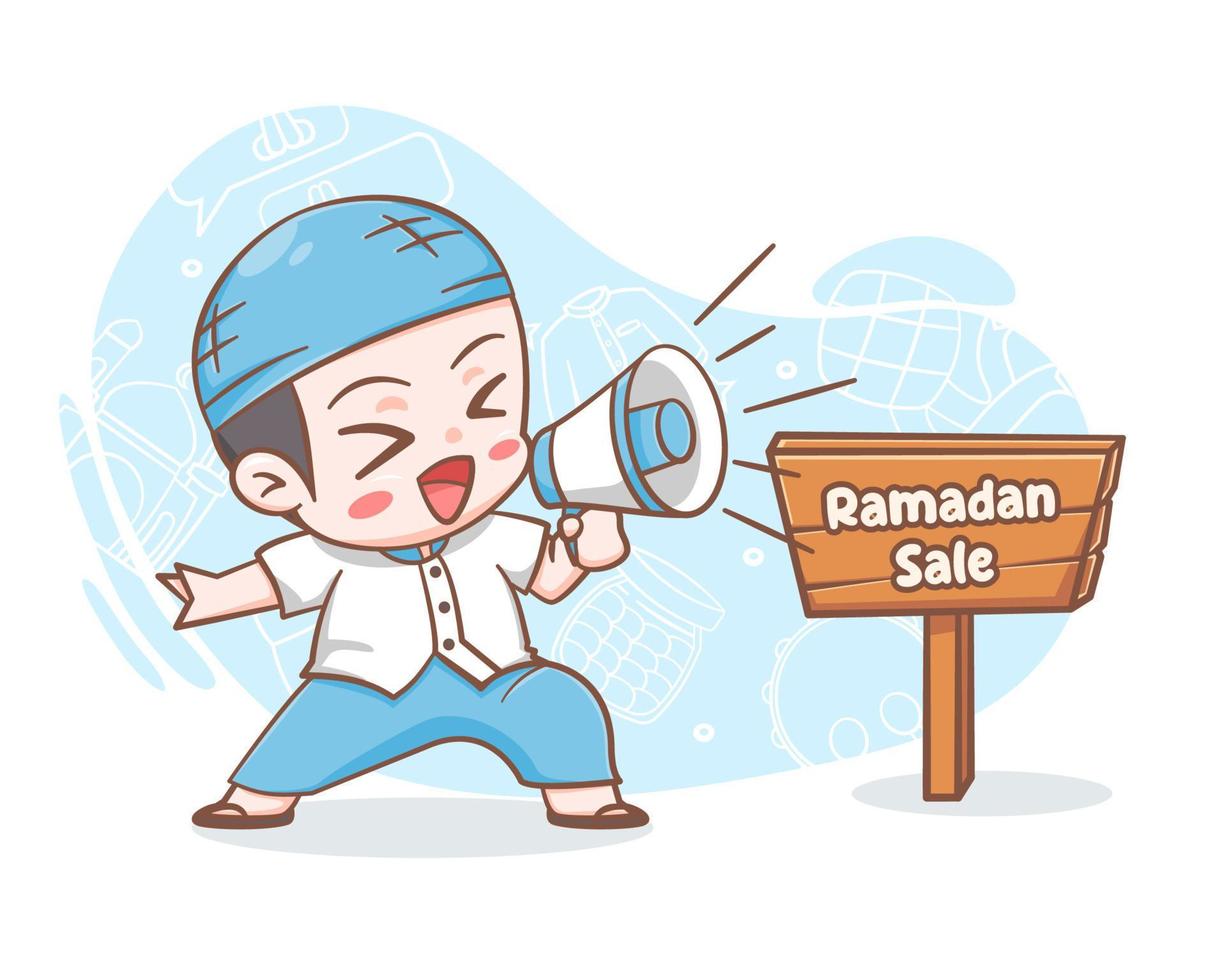 schattig moslim jongen Holding megafoon in Ramadan uitverkoop tekenfilm illustratie vector
