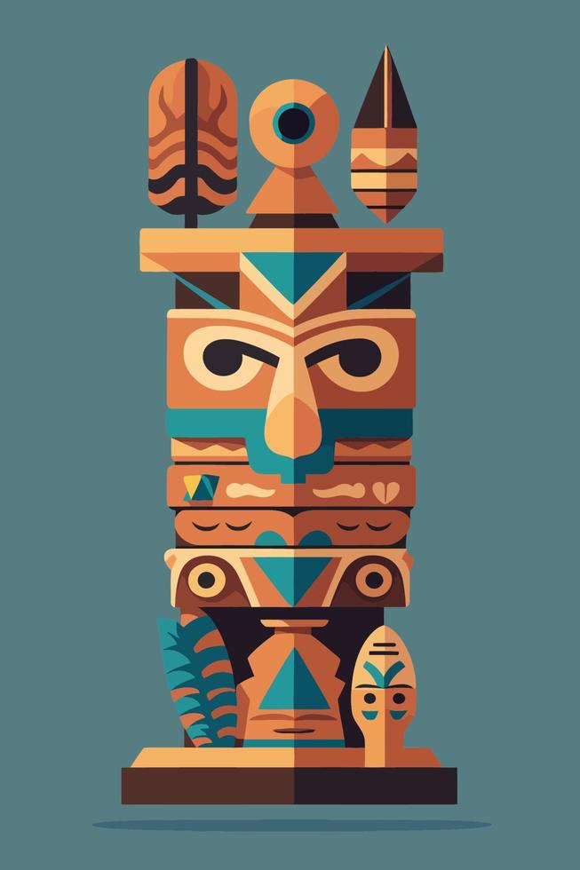 gekleurde Indisch houten totem pool met tiki masker en adelaar. vector tekenfilm illustratie