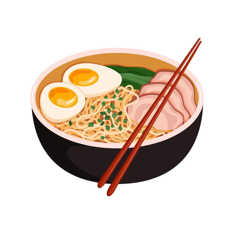 tekenfilm kom van ramen noedels met varkensvlees en ei. Aziatisch keuken. geïsoleerd vector illustratie