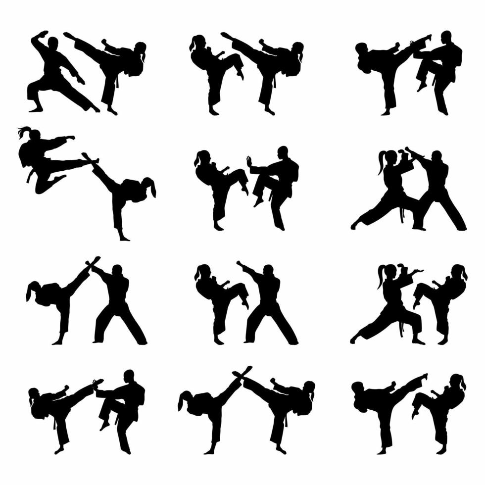 groot reeks van vector illustratie van silhouet karate in strijd geïsoleerd in wit achtergrond