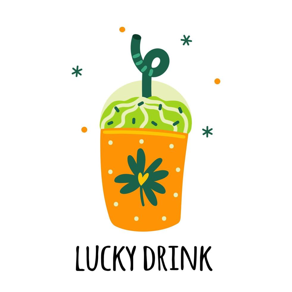 cocktail voor st. Patrick dag. glas met heerlijk drankje, rietje, deksel. een helder papier kop met een Klaver blad voor mooi zo geluk. feestelijk Iers drankje. vlak tekenfilm clip art voor kaarten, affiches, prints vector