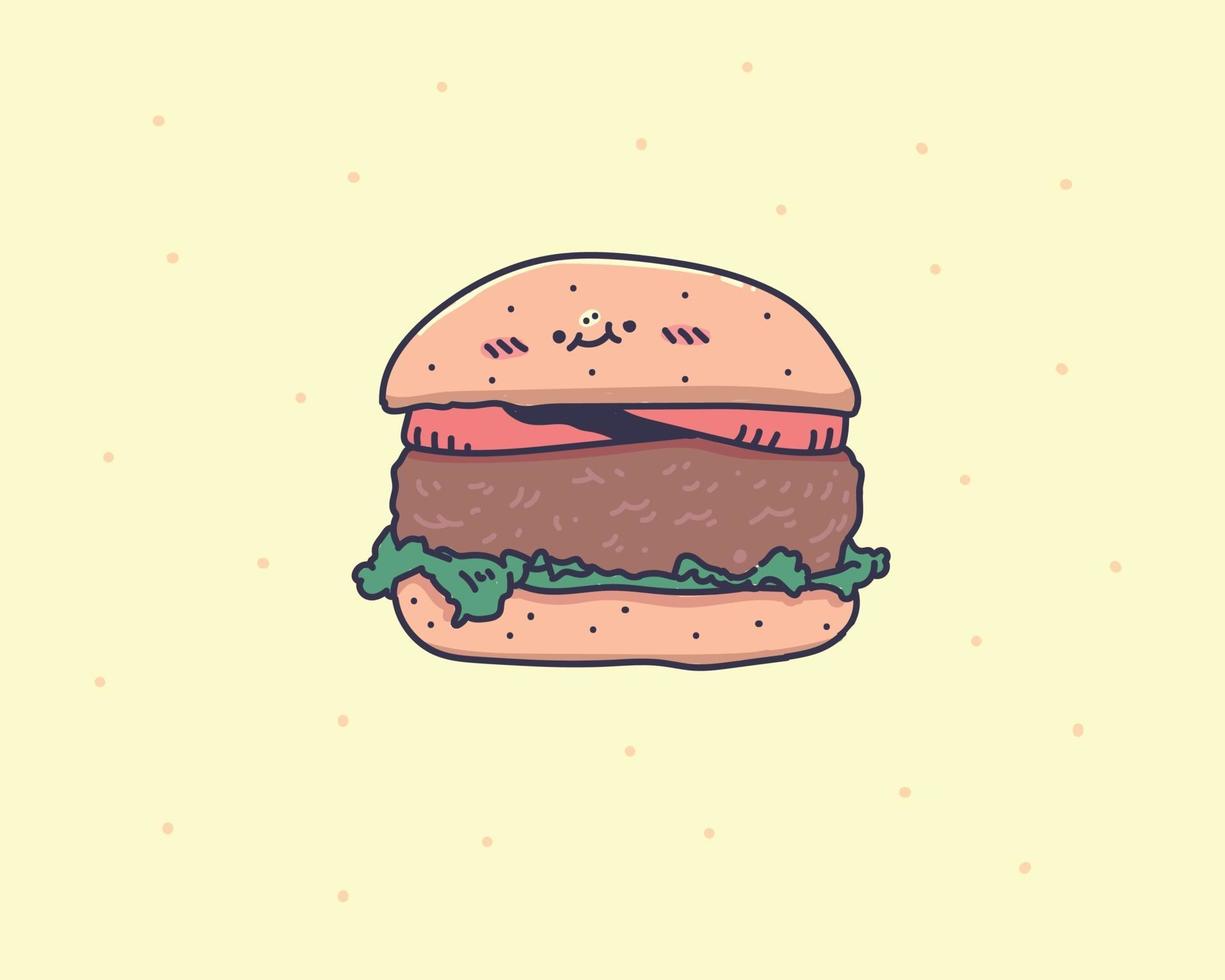 cartoon kleine hamburger met kaas en sesamzaadjes geïsoleerd op gele achtergrond. hamburger doodle vector illustratie hand tekenen
