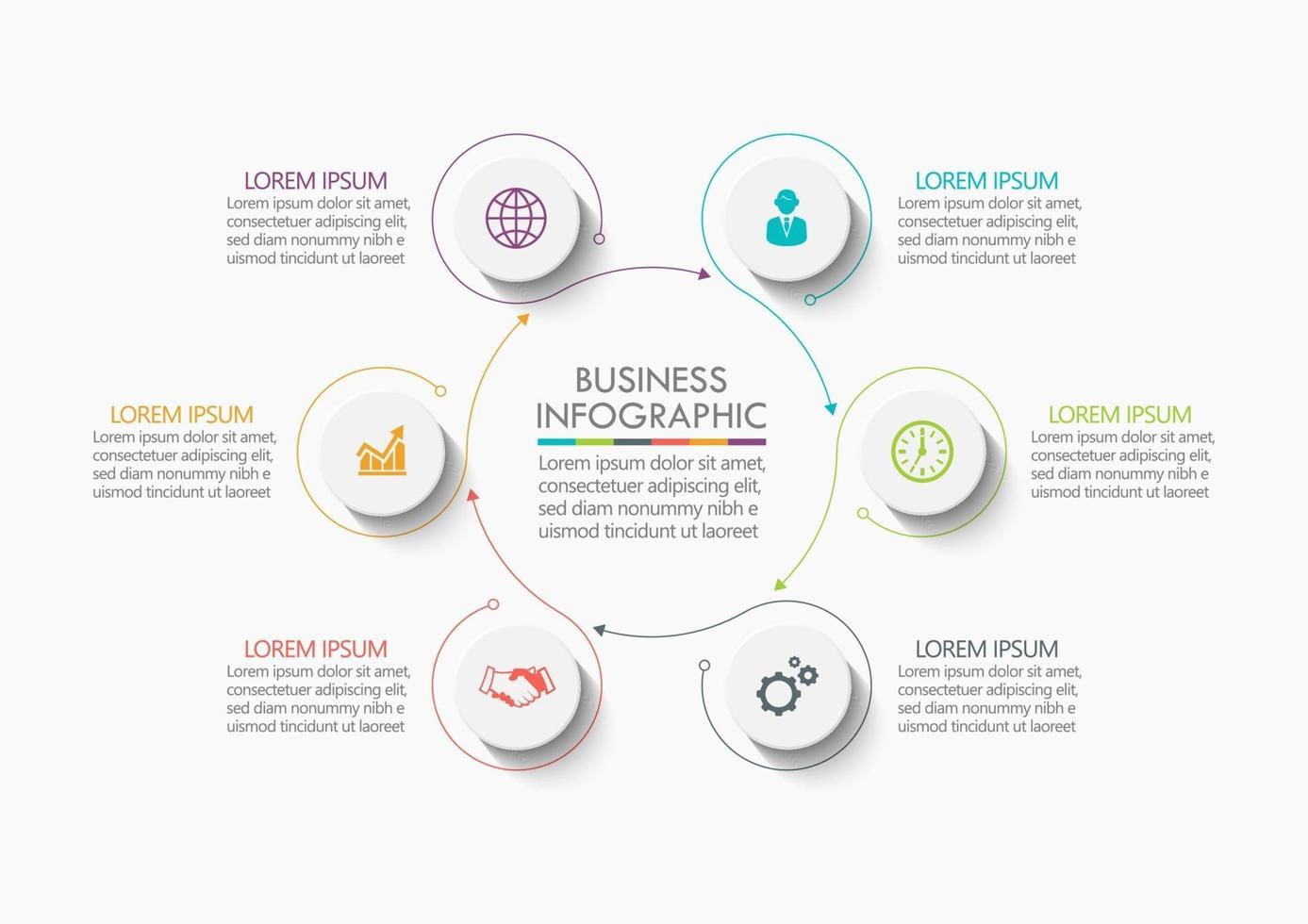 infographic cirkel dunne lijn pijlsjabloon met 6 opties vector