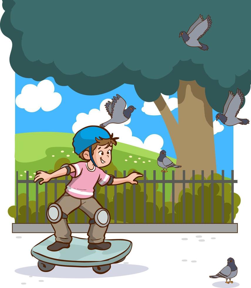 jongen skateboarden in de park tekenfilm vector