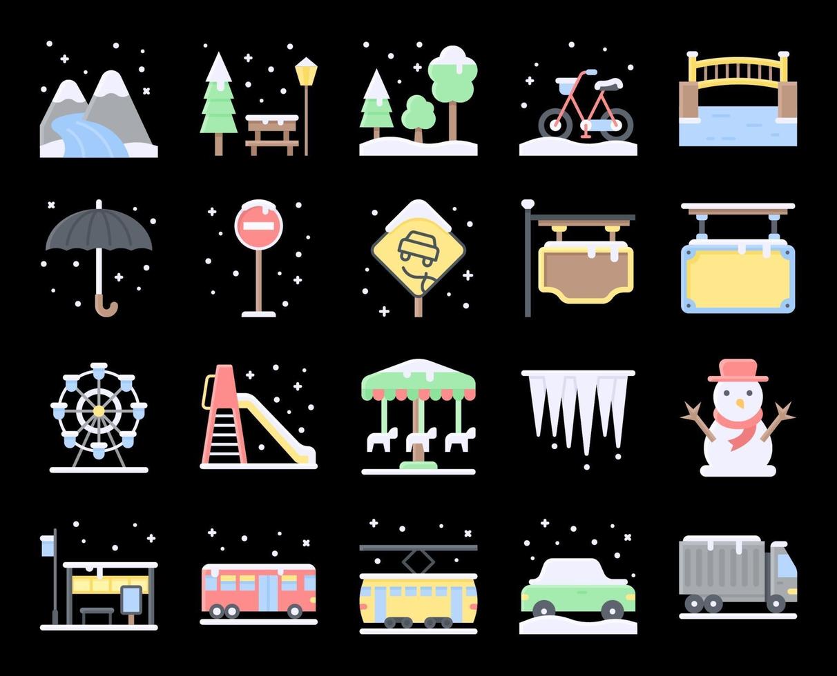 winter stad platte vector icon set