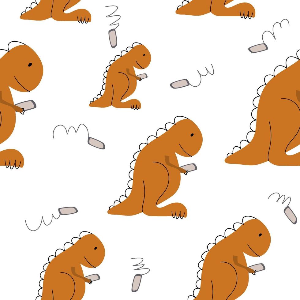 dino met smartphone naadloos vectorpatroon. schattige cartoon hand getrokken dinosaurussen doodles Scandinavische illustratie. voor greting kaart, t-shirt baby, spandoek en poster vector