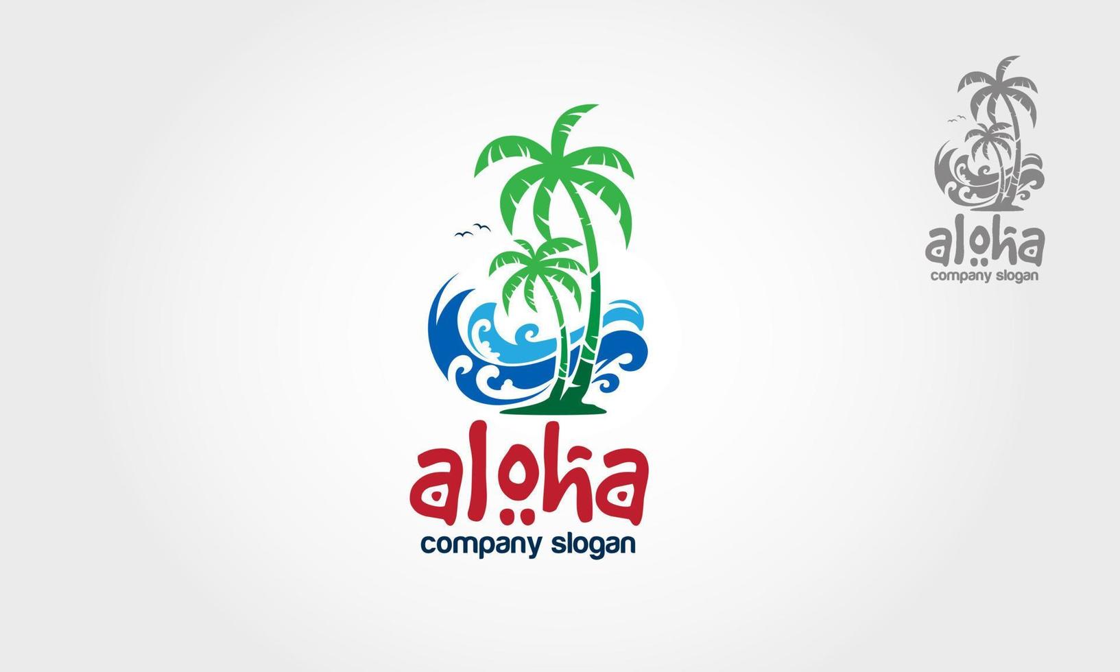 aloha vector logo sjabloon. water oceaan golven met palm concept voor strand bar en restaurant.