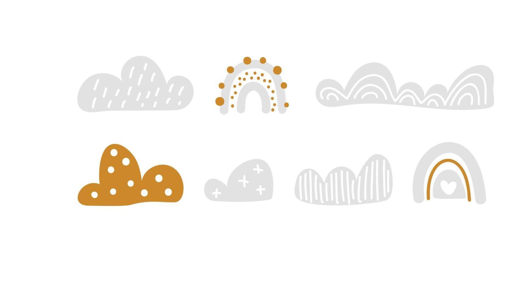 vector set kleurrijke regenbogen met wolken. pastelkleuren. schattige baby illustratie. kinderen achtergrond. hand getrokken kinderachtig Scandinavische print voor kinderen, baby, kinderkamer inrichting