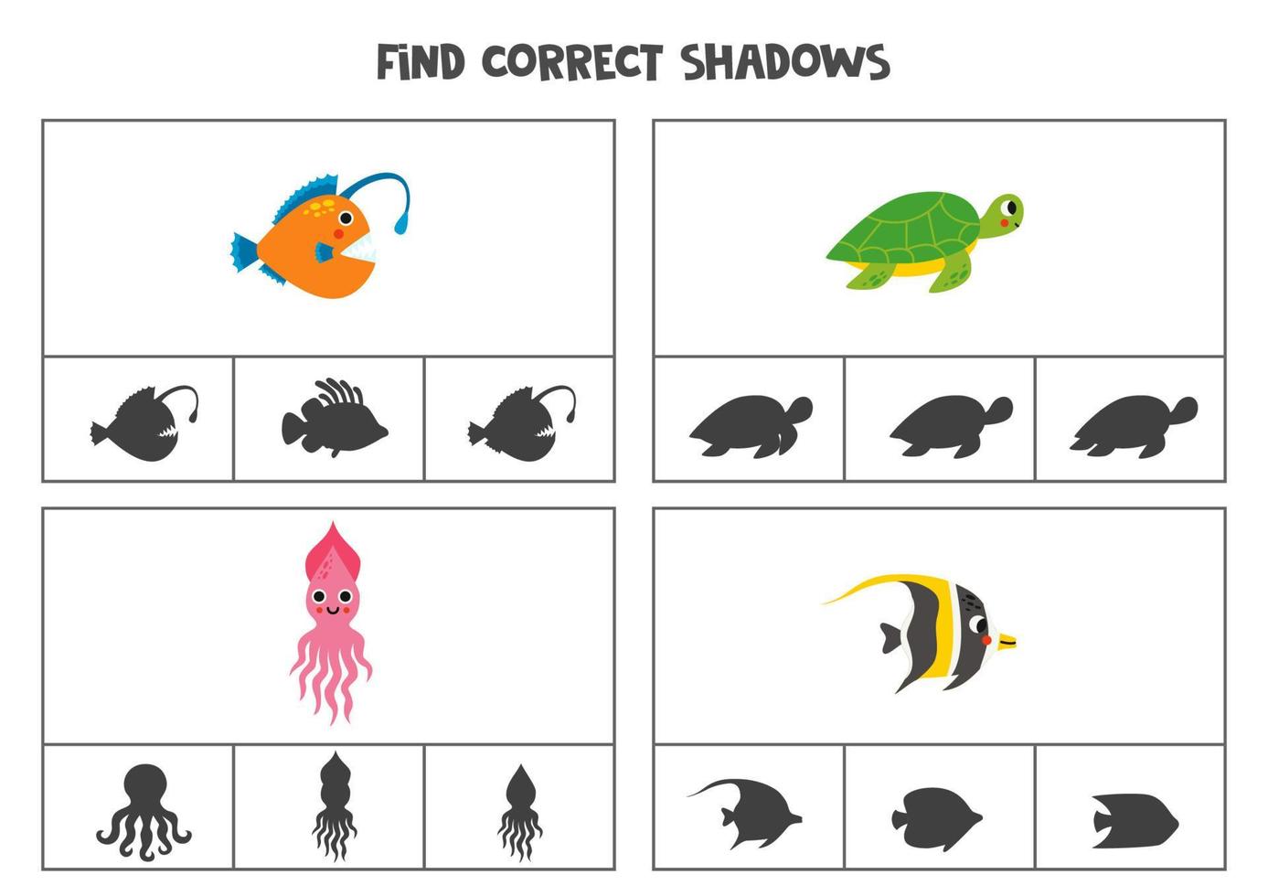 vind correct schaduw van schattig zee dieren. afdrukbare klem kaart spellen voor kinderen. vector