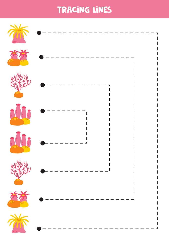 traceren lijnen voor kinderen. tekenfilm roze zee anemonen en koralen. vector