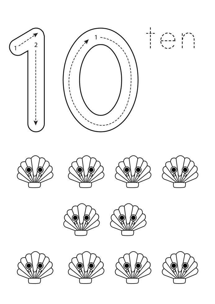 geheugenkaart aantal 10. peuter- werkblad. zwart en wit schelpen. vector