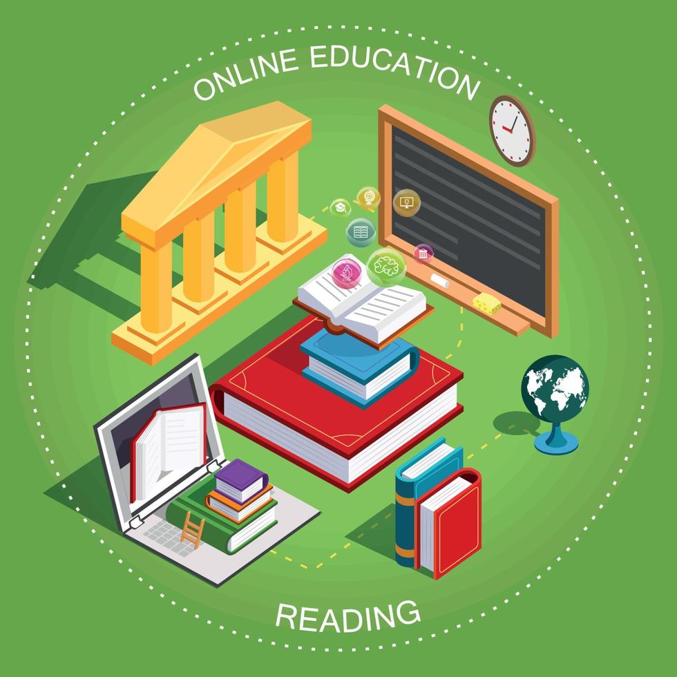 online onderwijs isometrisch. de concept van aan het leren en lezing boeken in de bibliotheek. vlak ontwerp. vector illustratie