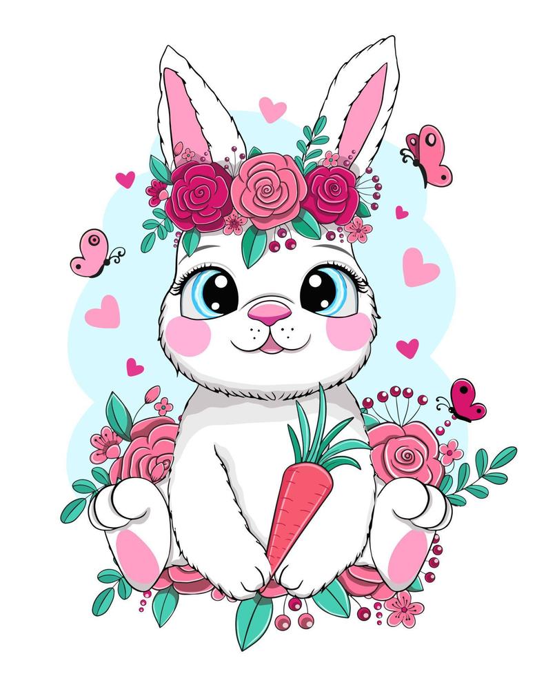 schattig konijn en bloemen. afdrukken ontwerp konijn vector illustratie