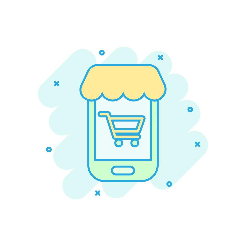 online boodschappen doen icoon in grappig stijl. smartphone op te slaan vector tekenfilm illustratie Aan wit geïsoleerd achtergrond. markt bedrijf concept plons effect.