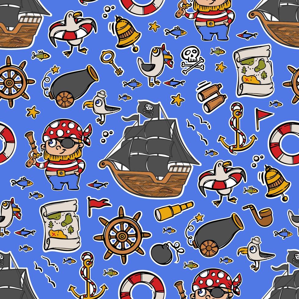 piraat schip tekenfilm marinier sticker vector naadloos patroon