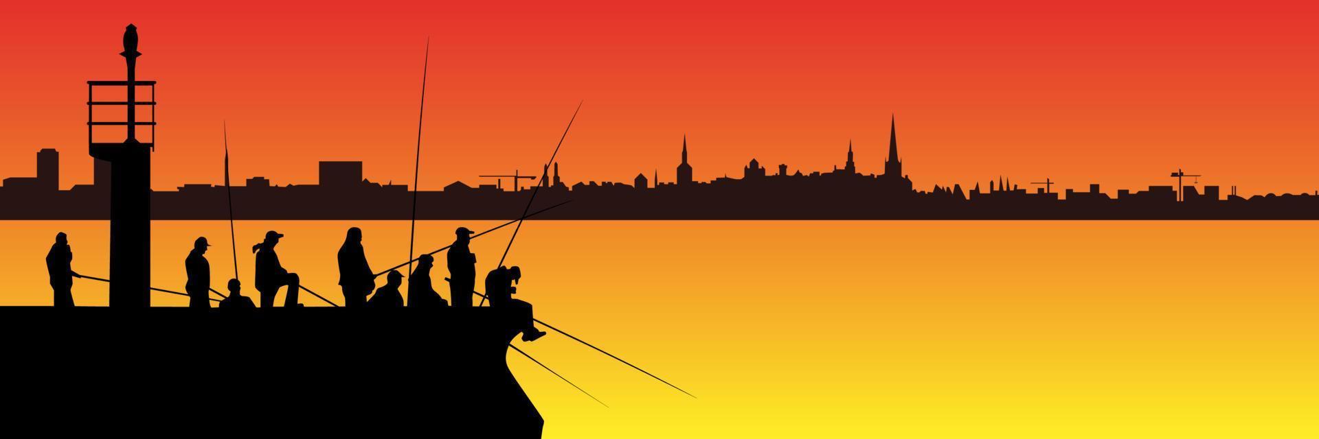 silhouetten van vissers met visvangst staven Aan pier met vuurtoren en lang stad horizon Aan achtergrond van zonsondergang. veel van mensen met lang visvangst staven met kopiëren ruimte. vector