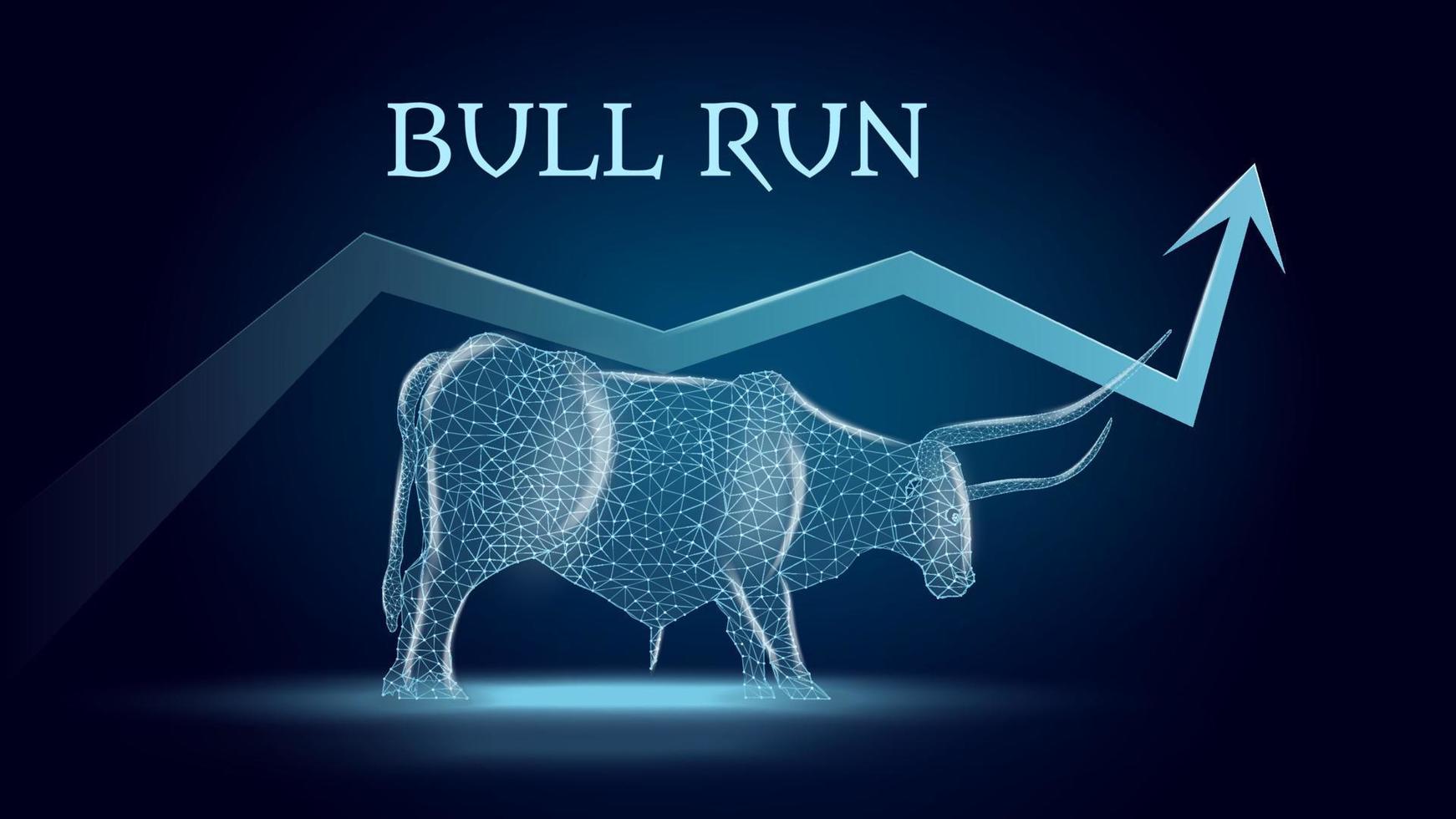 bullish neiging met een veelhoekige stier en een naar boven pijl Aan donker blauw achtergrond. stier rennen Aan de voorraad aandelenbeurs. bullish steun. vector illustratie.