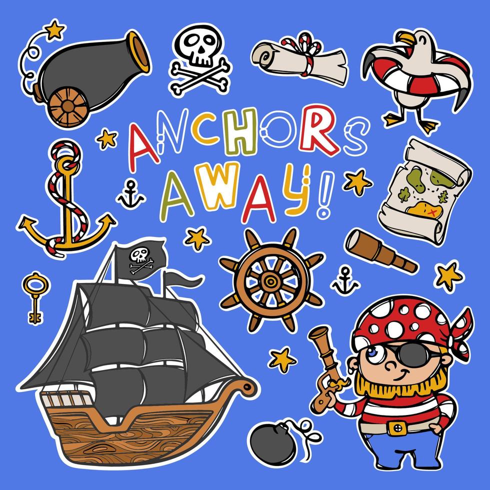piraat en korvet tekenfilm marinier sticker vector verzameling