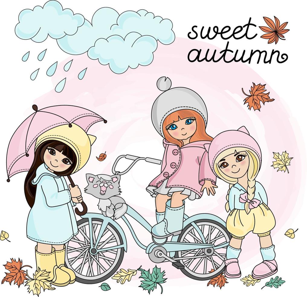 herfst kinderen regen meisjes seizoen vector illustratie reeks