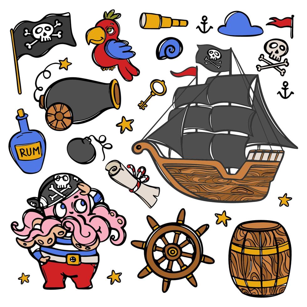 Octopus piraat en zwart zeilboot clip art illustratie reeks vector