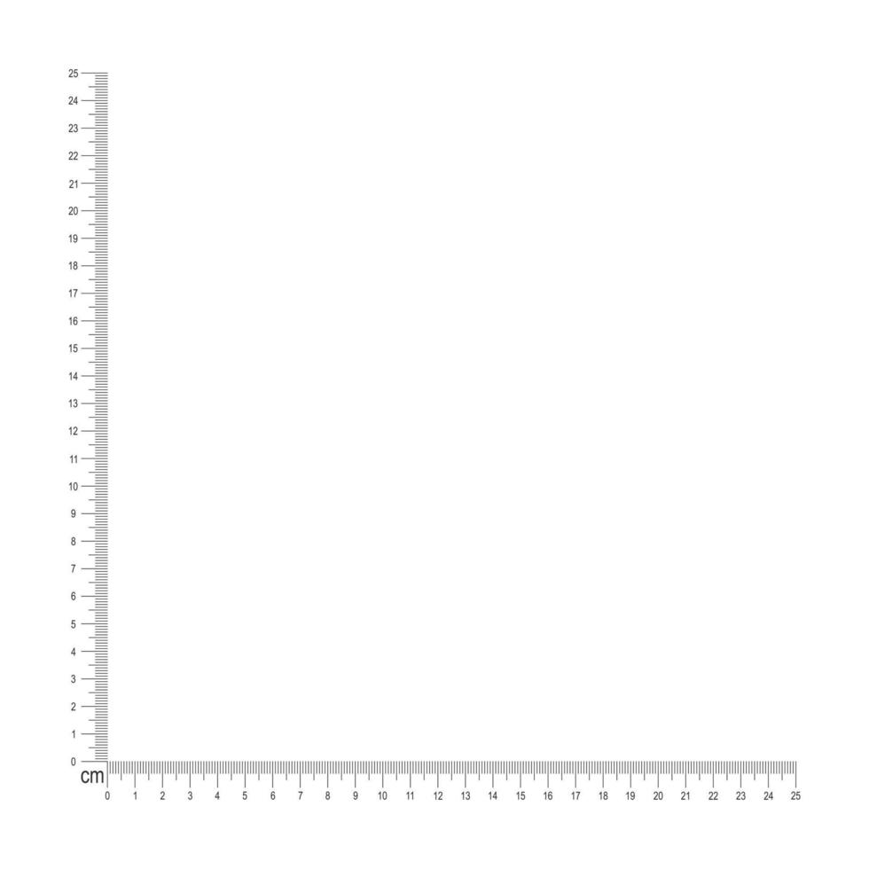 25 centimeter hoek heerser sjabloon. meten gereedschap met verticaal en horizontaal lijnen met cm en mm opmaak en getallen vector