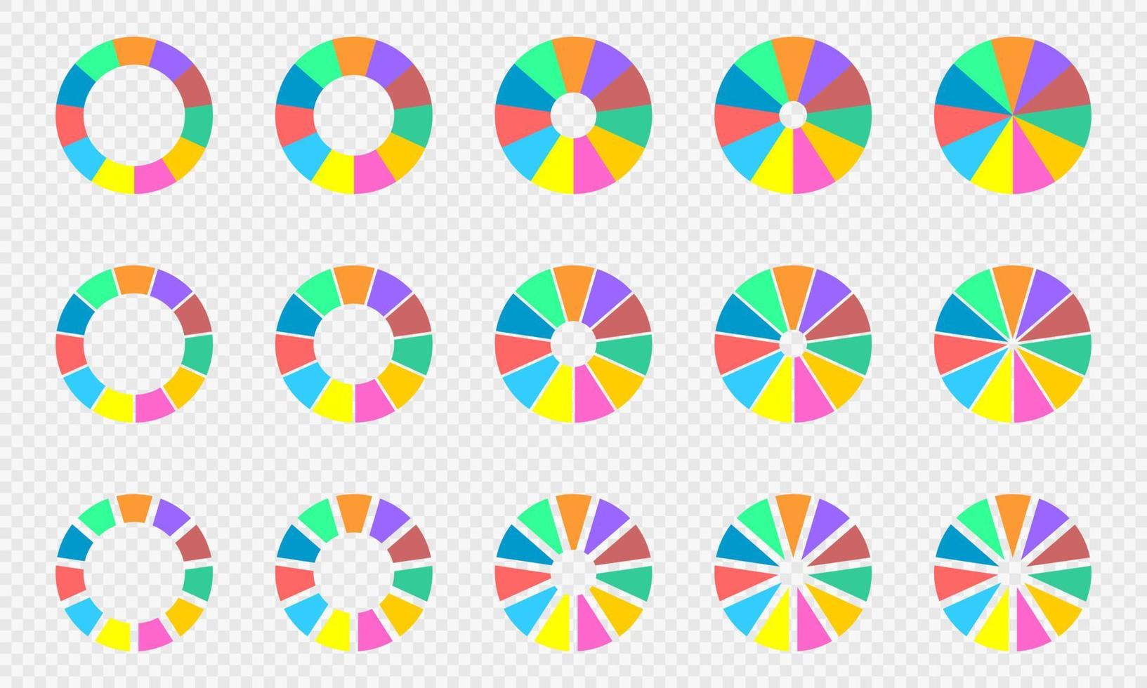 taart en donut grafieken set. kleurrijk cirkel diagrammen verdeeld in 11 secties. infographic wielen. ronde vormen besnoeiing in elf Gelijk onderdelen vector