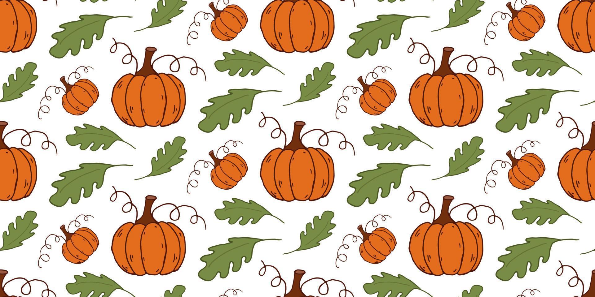 naadloos patroon pompoenen en bladeren. vector imge tekening stijl. groen en oranje.