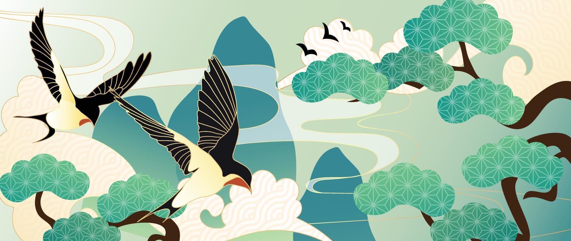 luxe abstract oosters patroon achtergrond vector. elegant Japans patroon lijn kunst ontwerp met vliegend slikken vogelstand Aan wolken, lucht, bomen. ontwerp illustratie voor huis decoratie, kaart, poster. vector