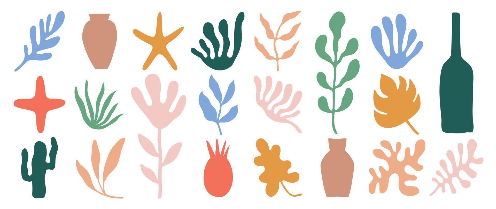 reeks van abstract biologisch vormen geïnspireerd door matisse. planten, cactus, blad, algen, vaas in papier besnoeiing collage stijl. hedendaags esthetisch vector element voor logo, decoratie, afdrukken, omslag, behang.