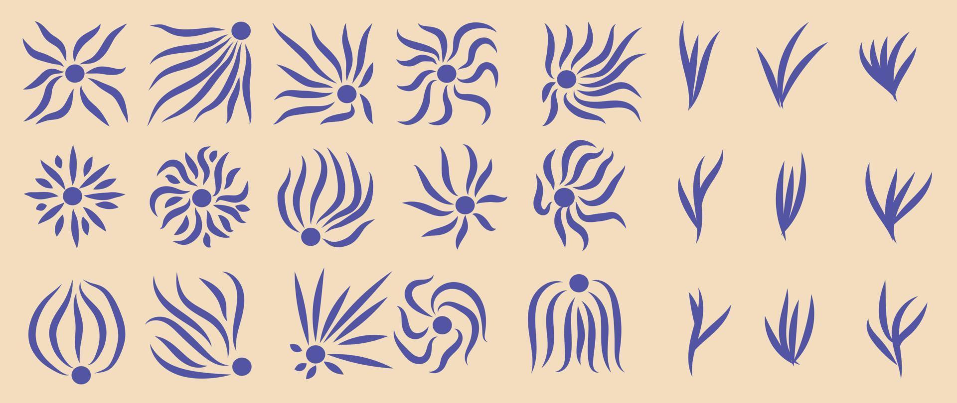 reeks van abstract biologisch vormen geïnspireerd door matisse. hedendaags esthetisch vector element in groovy tekening botanisch bloem kunst vorm blauw kleur. retro hippie stijl voor logo, decoratie, afdrukken, omslag.