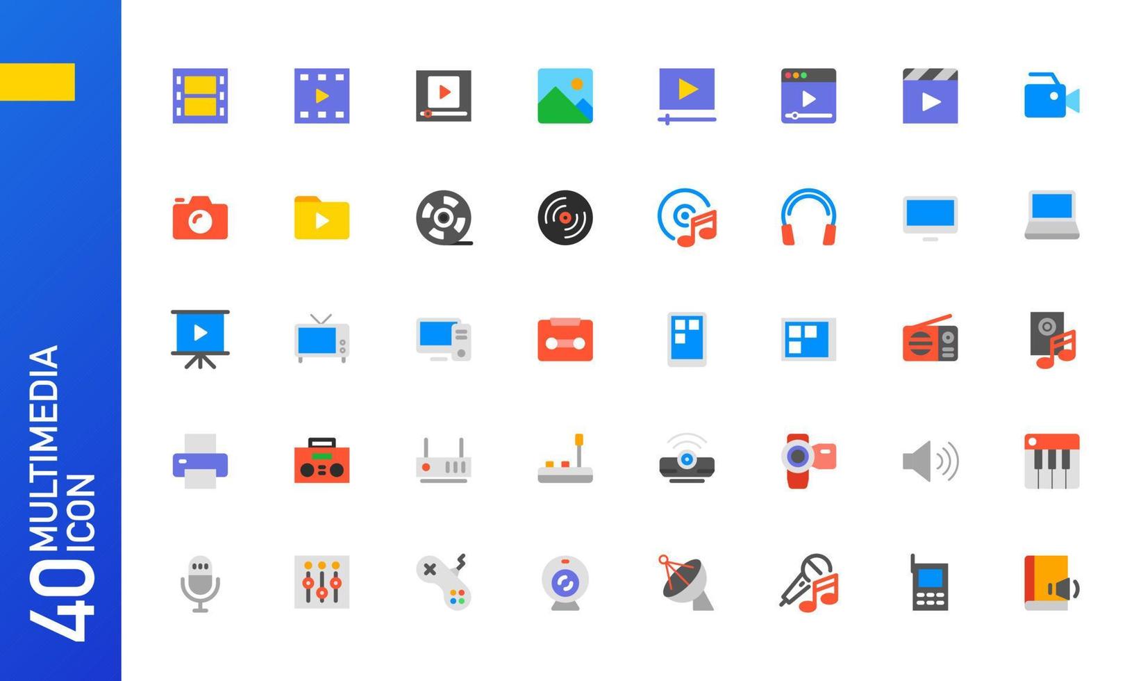 multimedia icoon set. verzameling van veelkleurig vlak pictogrammen voor mobiel ui ux en web apps. vector illustratie.