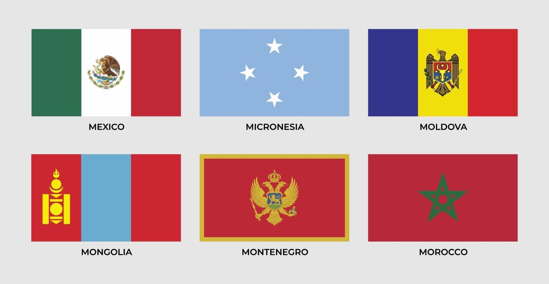 vlag van mexico, micronesië, moldavië, mongolië, montenegro, marokko vector