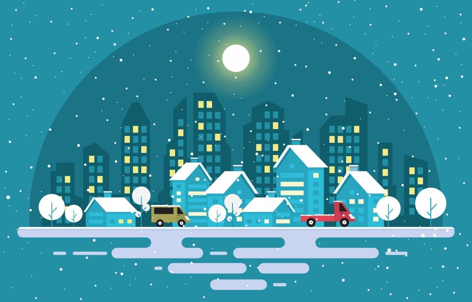 gezellige besneeuwde winterstad met bomen, huizen en auto's vector