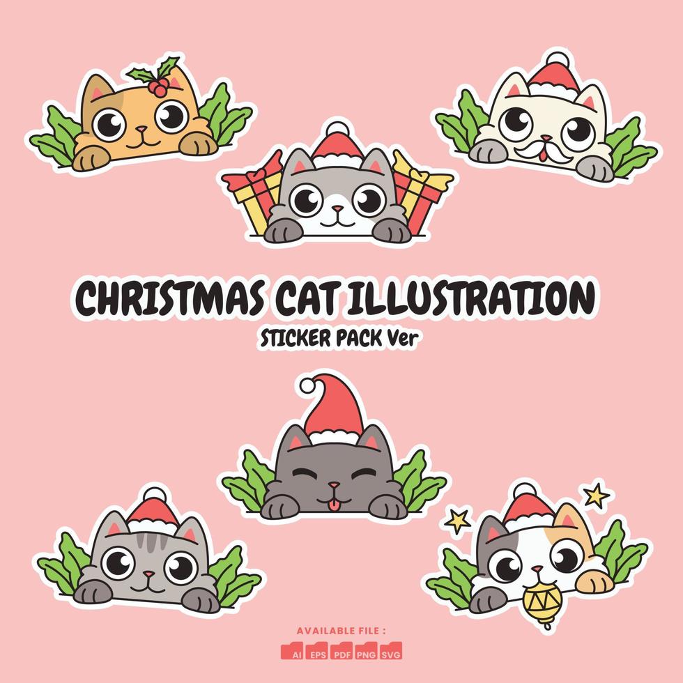 Kerstmis kat illustratie sticker pak vector