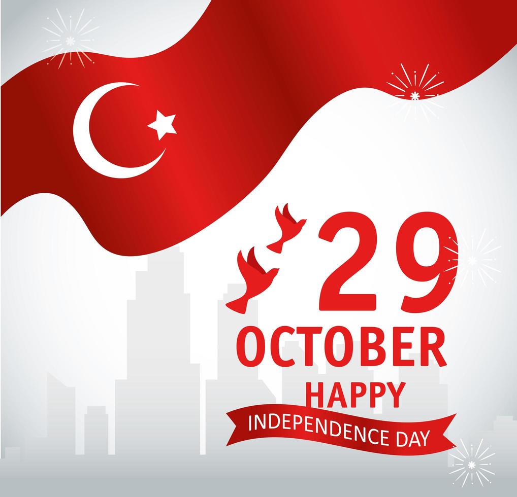 29 oktober, dag van de turkse republiek met vlag en vliegende duiven vector