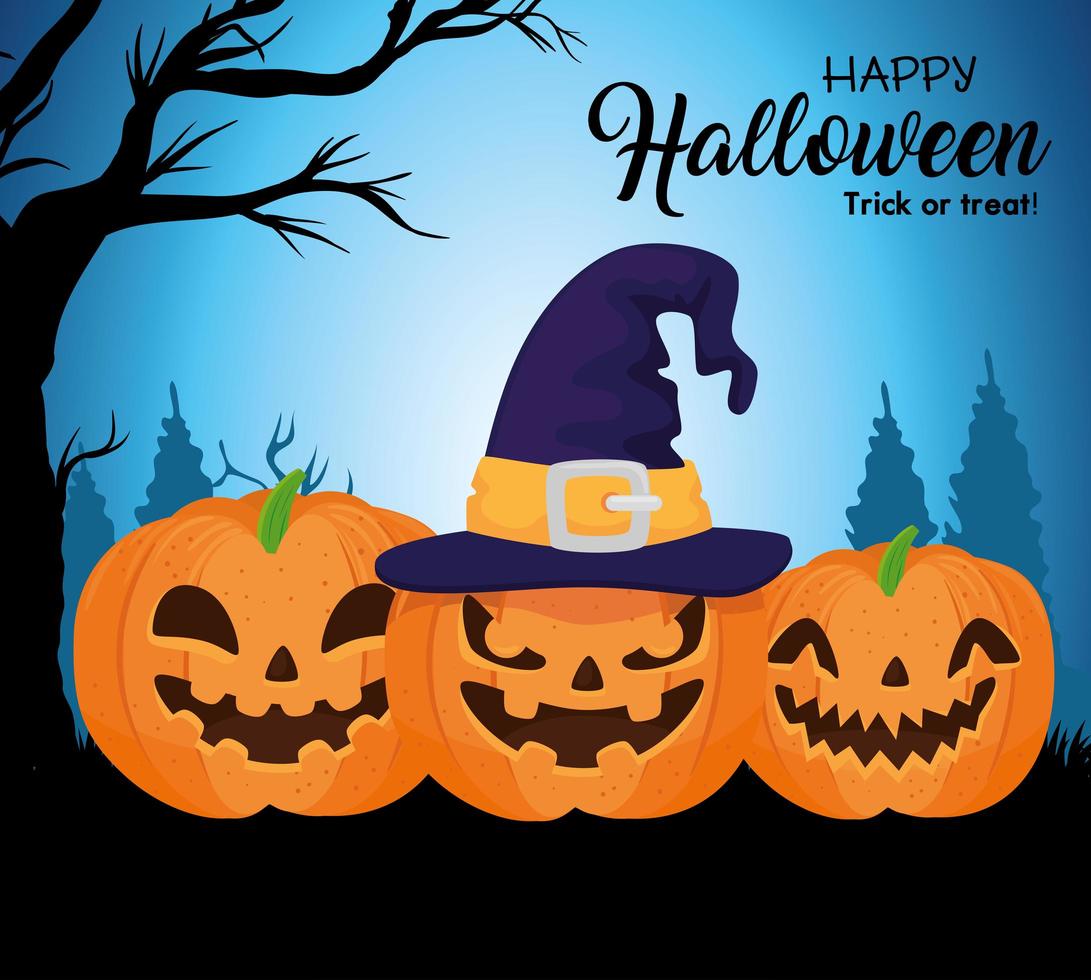 happy halloween-banner met pompoenen en heksenhoed vector