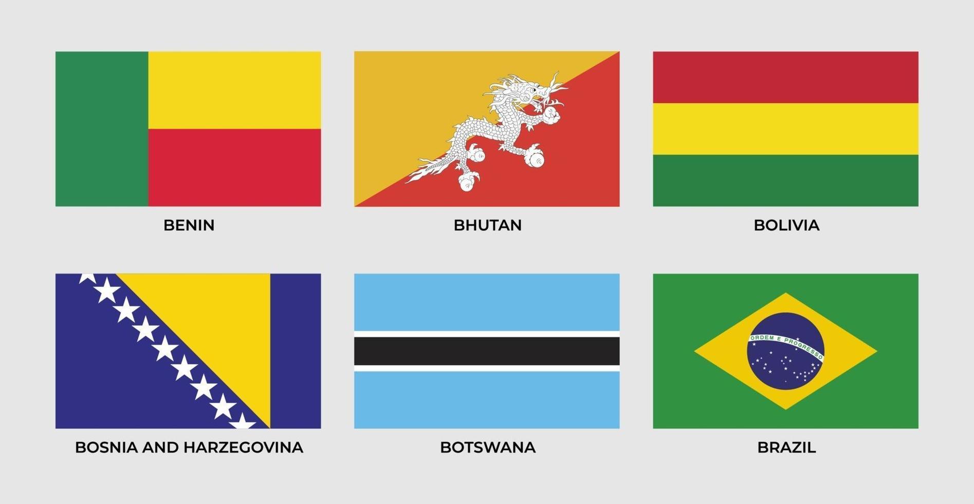 vlag van benin, bhutan, bolivia, bosnië en herzegovina, botswana, brazilië vector