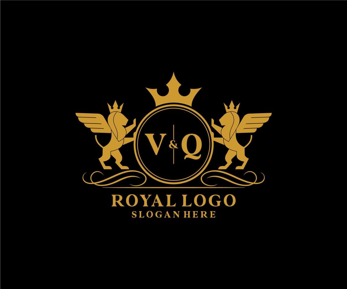 eerste vq brief leeuw Koninklijk luxe heraldisch, wapen logo sjabloon in vector kunst voor restaurant, royalty, boetiek, cafe, hotel, heraldisch, sieraden, mode en andere vector illustratie.